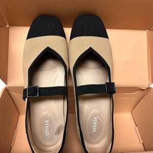 VIVAIA Beige Black Mary Jane Flats Knit Eco Shoes Size 41 / US 10
